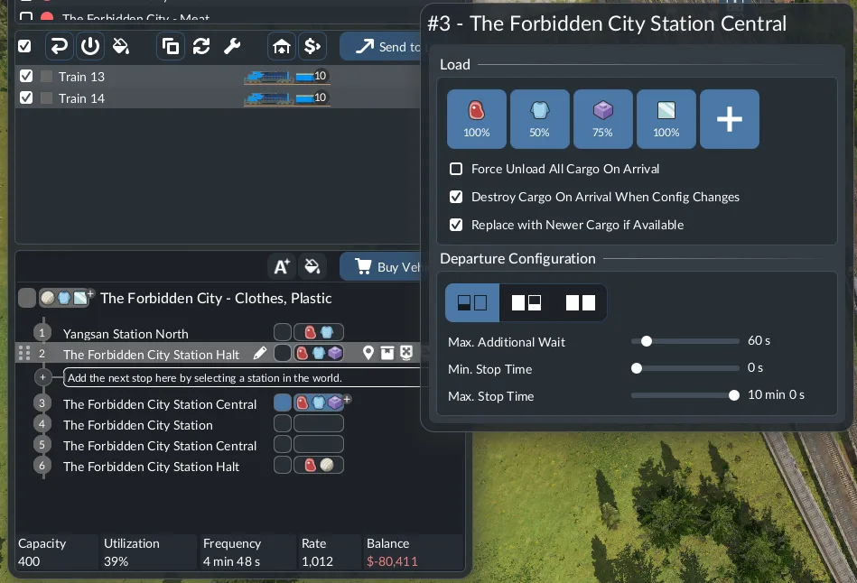 Per-stop cargo loading choices and departure settings