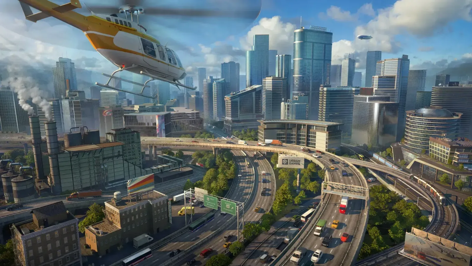Helicopters above a developed city with roads, industry and rail infrastructure