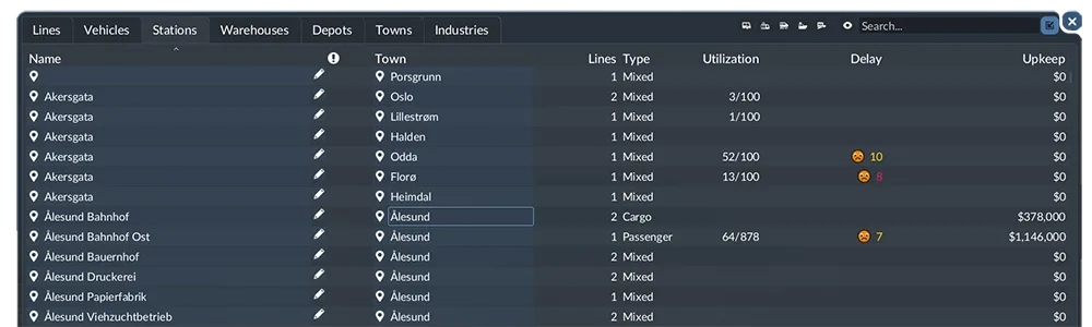 Station Statistics table showing station type, lines, utilization, delay, and upkeep