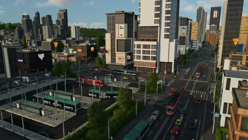 Buses and trams serving a road passenger station among Transport Fever 3 city buildings